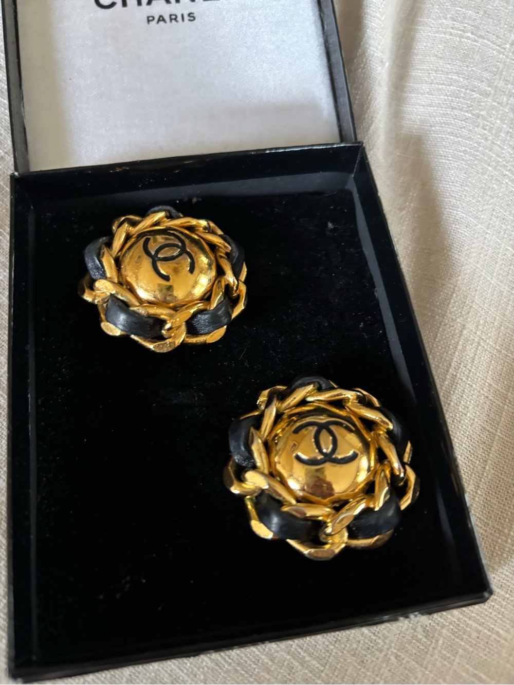 CHANEL Gold and Black Camellia CC Clip-On Earrings